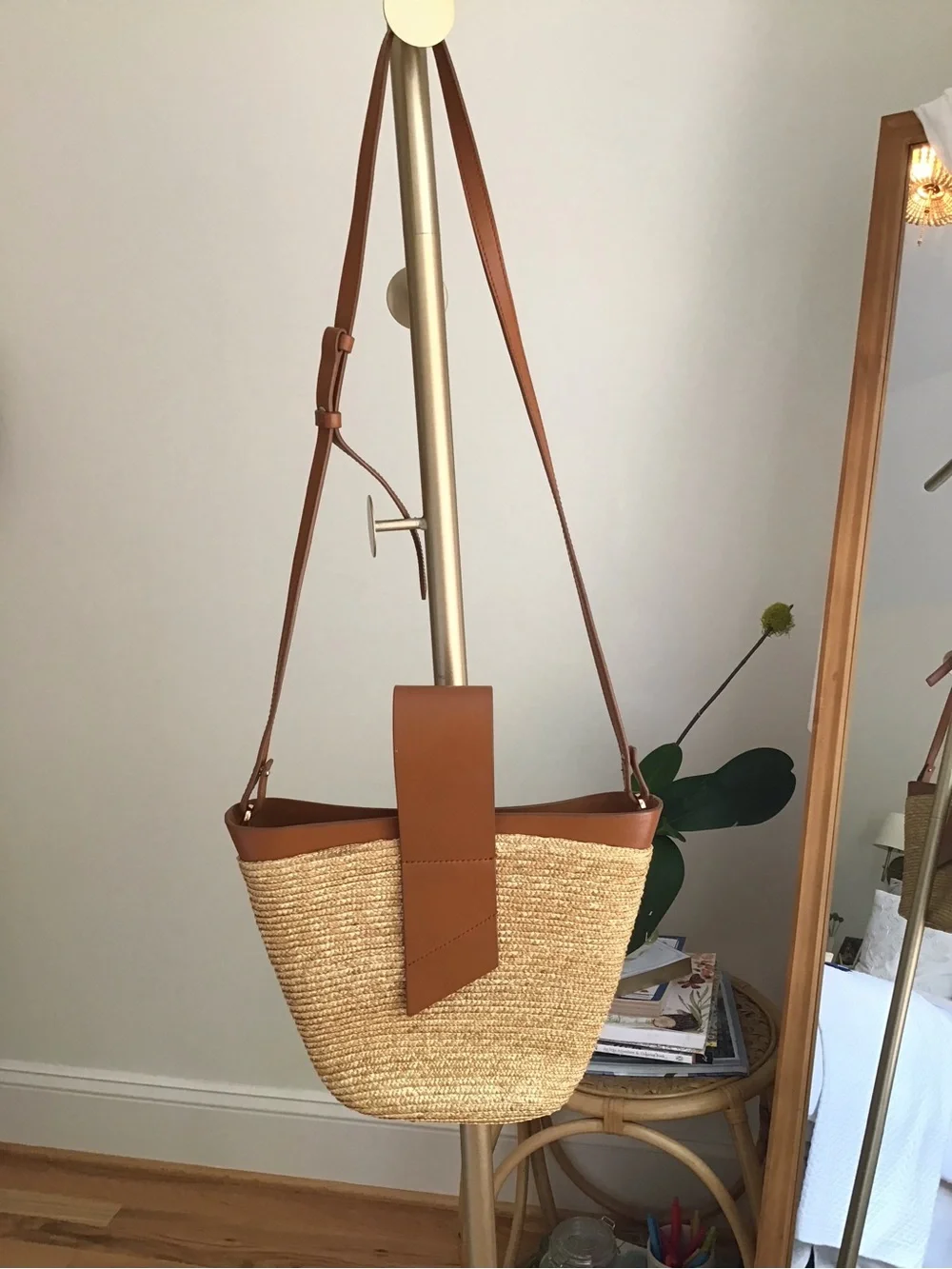 Leather-Trim Straw Bucket Crossbody Bag in Tan